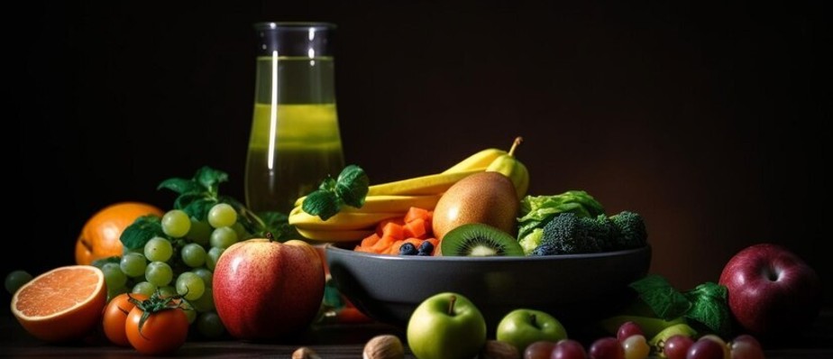 Fresh vegetables and fruits arranged on a kitchen countertop, emphasizing a colorful and nutritious diet